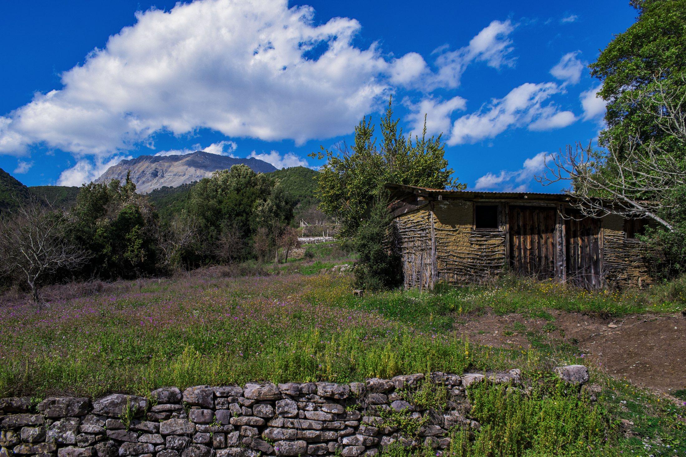 Old rural outbuilding, stone wall and mountain landscape near Olivestone
